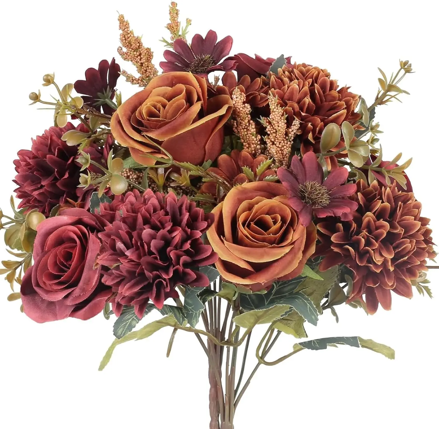 2 Bundles Artificial Fall Flowers  Roses Silk Bouquets with Hydrangea Autumn Faux Flowers Arrangements for Home Fall Wedding Table Centerpieces Party Decor (Orange+Red)