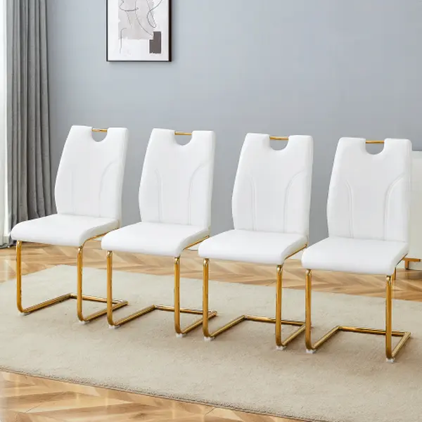 Set of 4 Dining Chairs, Armless Kitchen Chair, Modern PU Leather Dining Room Chairs with Upholstered Padded Seat and Sturdy Metal Legs for Dining Room, Kitchen, Restaurant (White Gold)