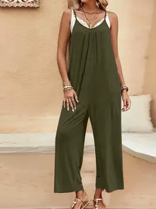 【Plus Size】 Solid Loose Ruched Pocket Wide Leg Jumpsuit, Casual Sleeveless Spaghetti Strap Jumpsuit for Fall & Winter, Women's Plus Size Clothes for Daily Wear