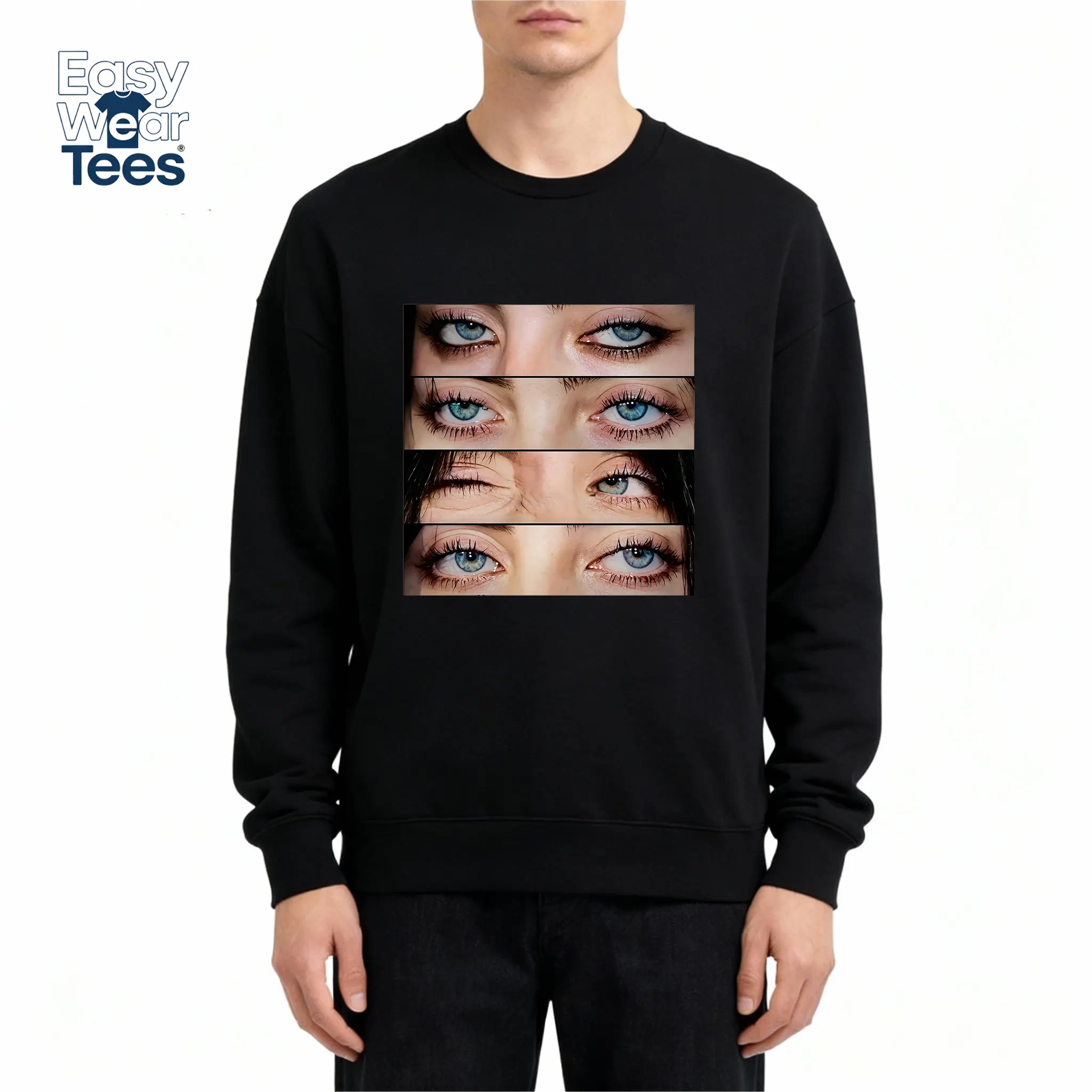Trendy Blue Eye Collage Graphic Women’s Crewneck Sweatshirt | Aesthetic Y2K Style, Premium Soft & Breathable Fabric, Fade-Resistant Durable Print, All-Day Everyday Comfort, Comfy Relaxed Fit, Easy Machine Washable | TikTok Shop Deals