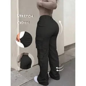 Women's High Waist Stretch Cargo Pants, Black Multi Pocket Straight Leg Trousers for Casual Streetwear Daily Wear