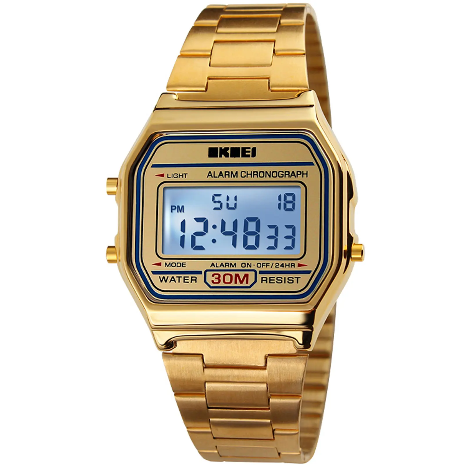 Men's Digital Outdoors Gold Stainless Steel Watch Backlit Multifunction Stopwatch Waterproof Sport watches
