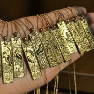 Zodiac Necklace- Textured Celestial Horoscope Bar Pendant 304 Stainless Steel Tarnish Resistant 19.5” Chain with Cubic Zirconia Star