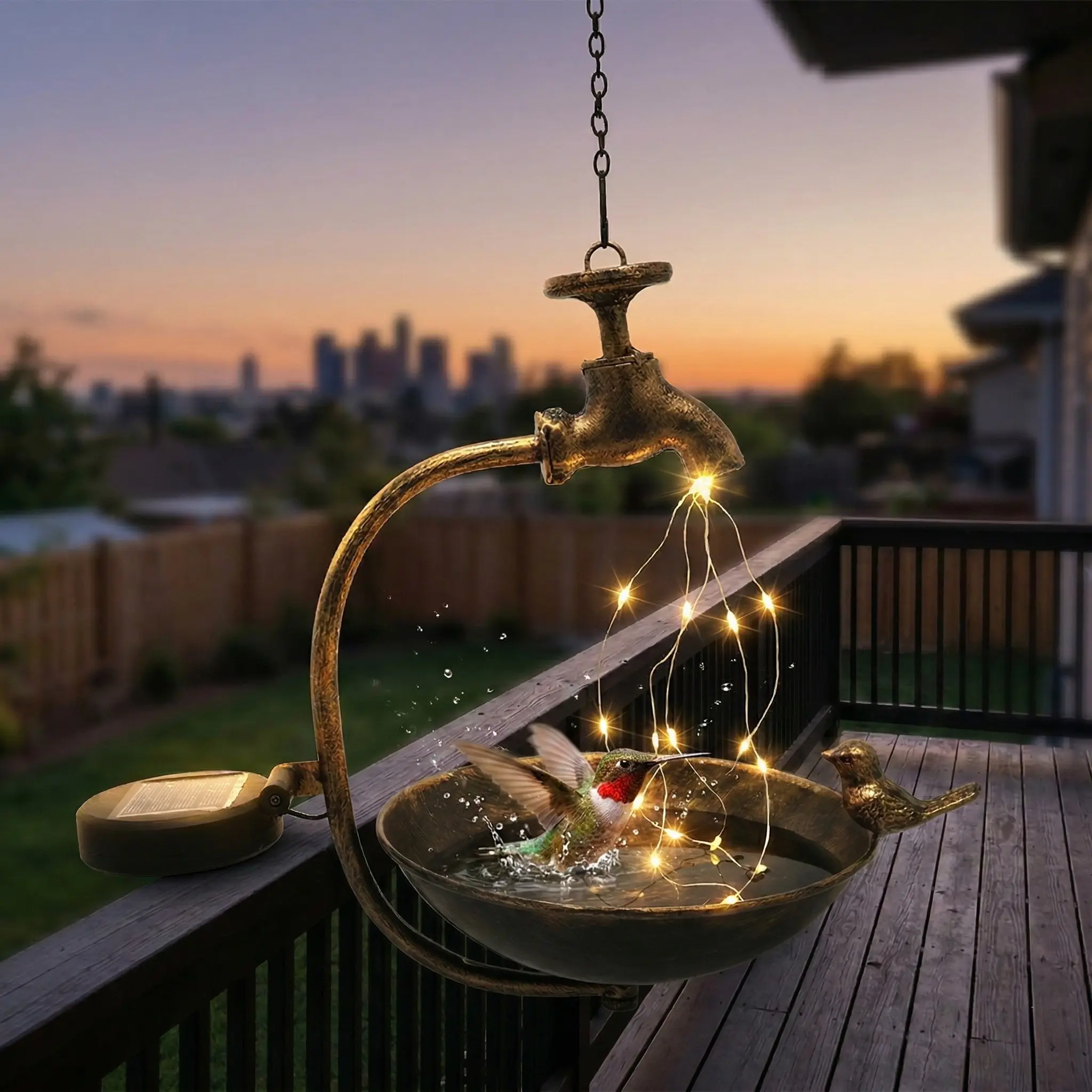 Solar Retro Faucet Water Flow Light String Bird Bath, Outdoor Metal Hanging Bird Feeder, Bird Supplies, Yard, Garden, Balcony, and Terrace Bird-Feeding Decor, Mother's Day Gift