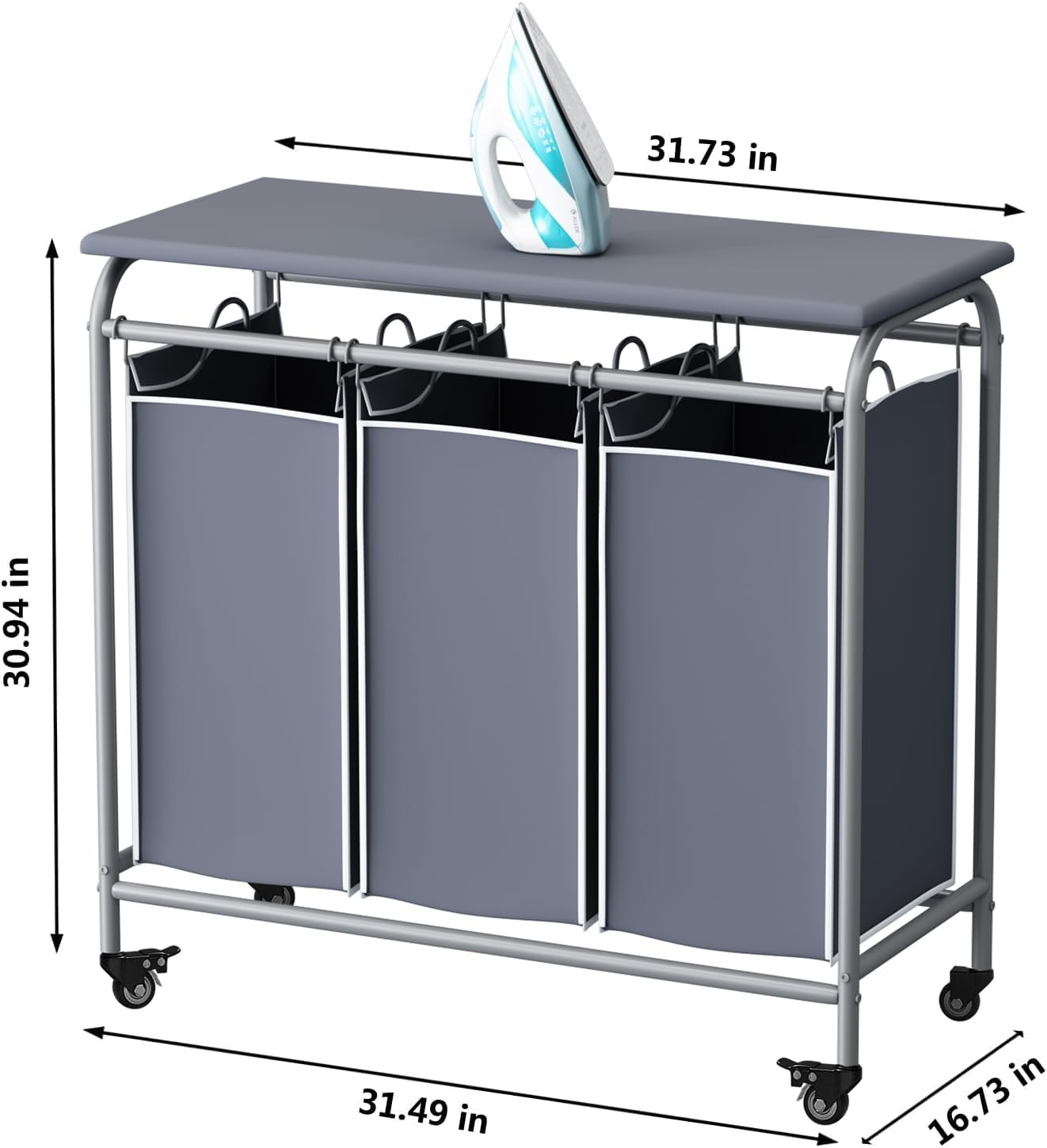 3 Bag Laundry Basket Sorter Heavy Duty Rolling Lockable Wheels Laundry Hamper Cart with Ironing Board and Removable Bags Organiser Smooth Household Cover