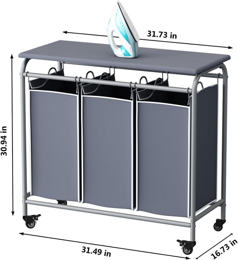 3 Bag Laundry Basket Sorter Heavy Duty Rolling Lockable Wheels Laundry Hamper Cart with Ironing Board and Removable Bags Organiser Smooth Household Cover