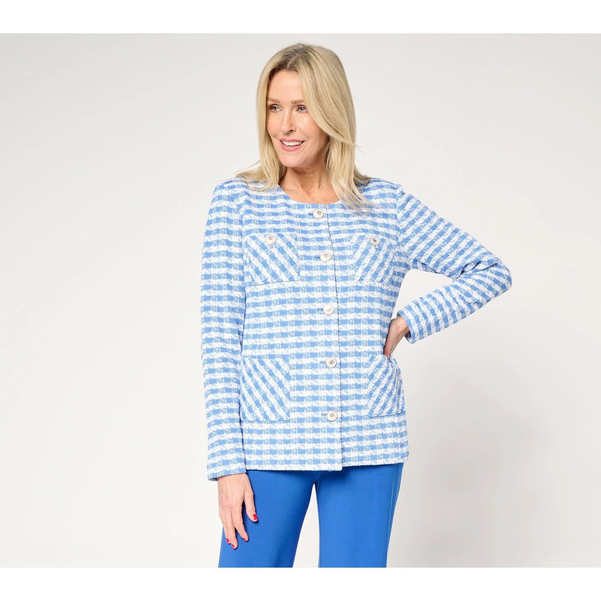 GRAVER Susan Graver Knit Boucle Jewel Neck Button Front Jacket