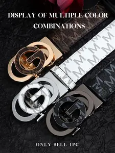 Men's Business Fashion Letter Print Automatic Buckle Belt, Leather Ratchet Belt, Casual Waistband for Jeans Trousers, Fashion Belt for Party, Trendy All-match & Exquisite Belt for Gift