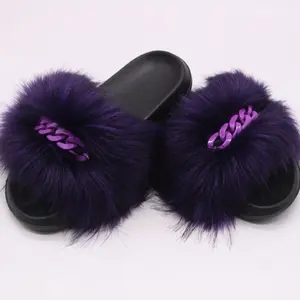 Plush Raccoon Fur Slides Beach Home Flat Shoes Footwear Women Flipflop Slipper Girl