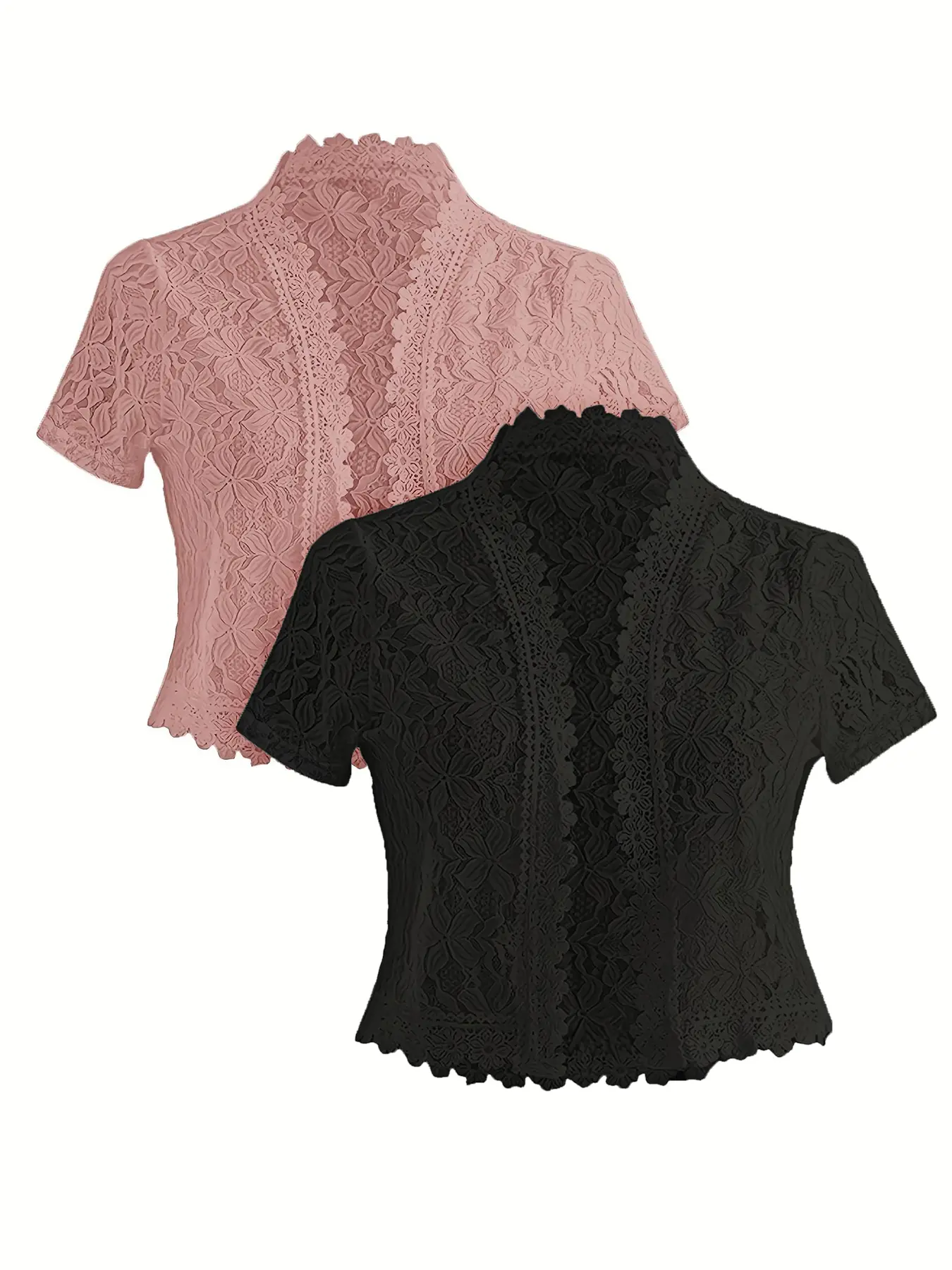 2-Piece Summer Solid Color Lace Patchwork Casual Front Open Jacket, Perfect for Festival Party, Stylish and Comfortable Fashion Tops