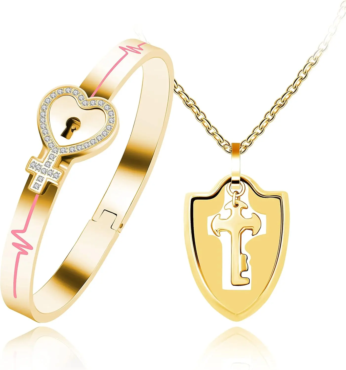 Titanium Stainless Steel Lock Bangle Bracelet with Key Pendant Necklace Set Romantic Valentines Gifts for Boyfriend and Girlfriend