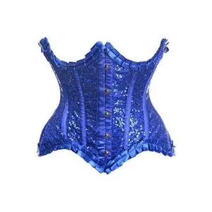 Top Drawer Blue Satin & Sequin Underwire Curvy Cut Steel Boned Waist Cincher Corset