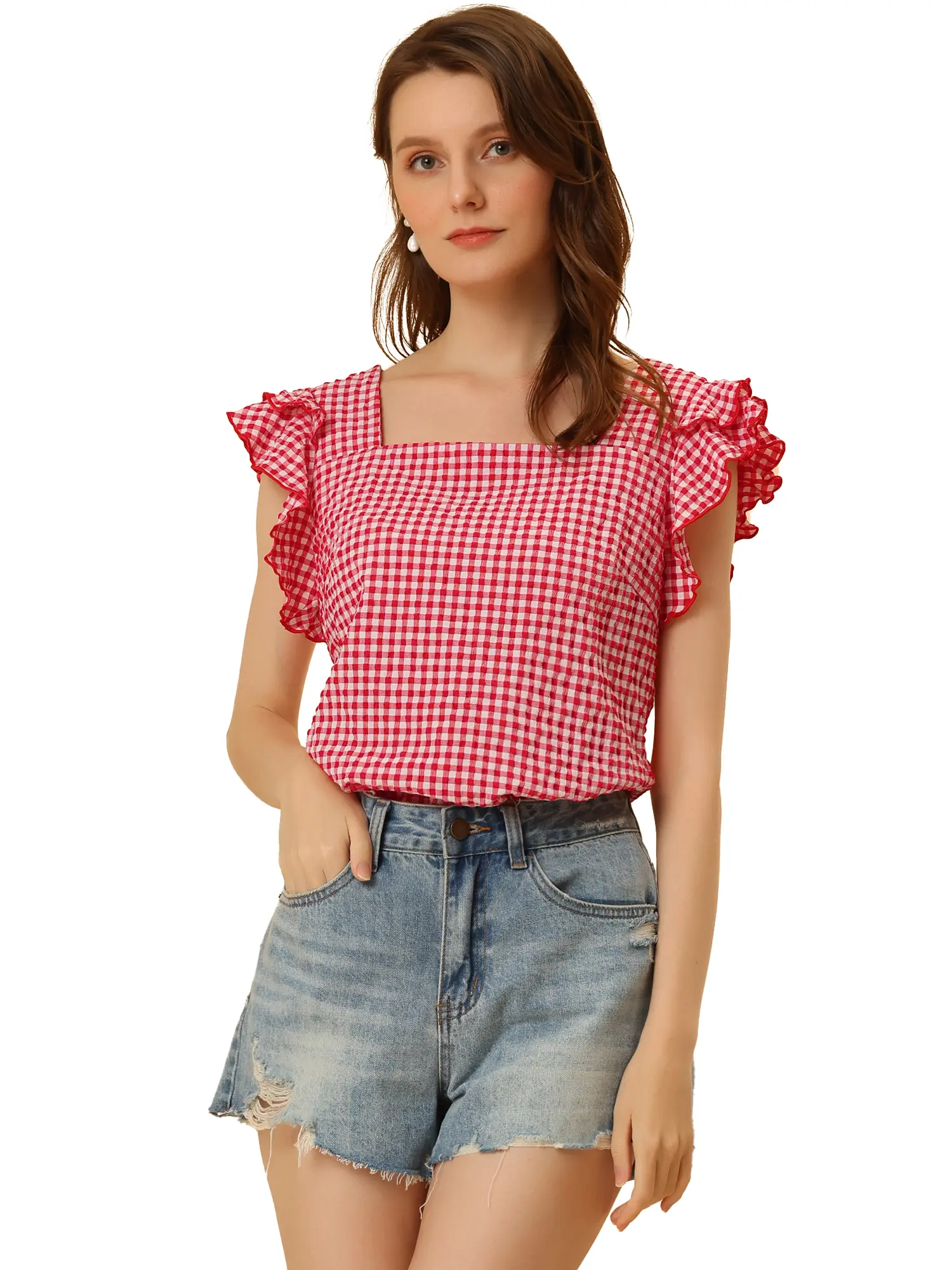 INSPIRE CHIC Summer Gingham Tops Square Neck Ruffle Cap Sleeve Blouse INSPIRE CHIC Summer Gingham Tops Square Neck Ruffle Cap Sleeve Blouse