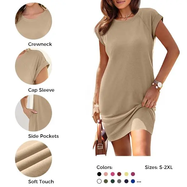 UNCLECAT Women's Loose-Fit Crew Neck Cap Sleeve Midi Casual Dress - Casual Wear, Ready-to-Wear Women's Clothes with Pockets for Summer, Beach