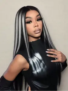 28 Inch 13*4 HD Transparent Lace Frontal Wigs Long Straight black Wigs Synthetic Heat Resistant Fiber Hair Wig Premium Highlight White Silk Straight 13x4 Hairpiece Wigs For Women With Glueless Lace Natural Straight Wigs 200% Density Wigs