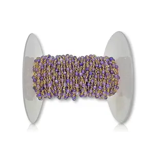 2FT Cubic Zirconia  Purple Crystal in Gold Color Chain. Crystal Rosary Chain. Wire Wrapping Chain.