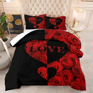 2/3 Piece Romantic Valentine'S Day Themed  Rose Comforter Set，Valentine's Day Gift Heart-Shaped LOVE Pattern Bedding Set, Suitable for Married Couple Bedroom Decoration, Including 1 Quilt and 1/2 Pillowcase