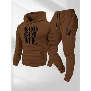 Casual hoodie and sweatpants set - fleece lining, long sleeves, printed design |   machine washable