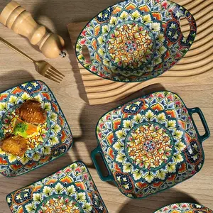 Boho Style Ceramic Plate Set, 4 Counts/set Bowl Or Plate, Creative Tableware Set, Ceramic Dish Set for Home Kitchen Dining Room