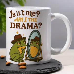 1pc, 11oz, Ceramic, Coffee Mug & Tea Cup, Frog wearing hat looking at mirror with humorous text, Frog Coffee Cup, Funny Novelty Gift