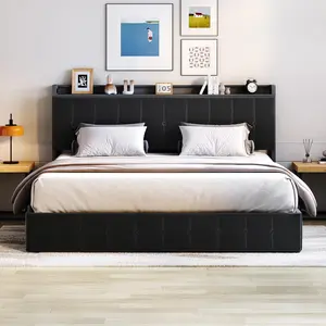 Garvee Upholstered Velvet Bed Frames with Lift Up Storage, Button Tufted Headboards, Metal Platform, Solid Wooden Slats, LED Lights & Charging Station Options, Available in King, Queen, Full Sizes, Black & Grey