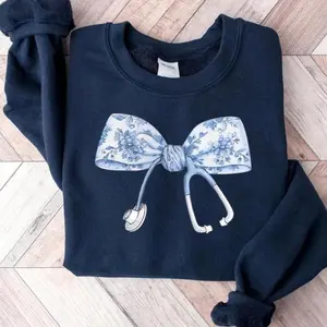 Nurse Coquette Toile Bow Sweatshirt, Retro Stethoscope Crewneck for RN and Nursing Students, Aesthetic Nurse Top for Clinics, Nursing School, or Nurses Week Appreciation Gift - HARSIN