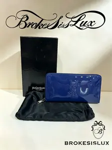 Pre-owned Yves Saint Laurent Blue Patent Leather Long Zip Around Wallet with Embossed Logo Designer Purse