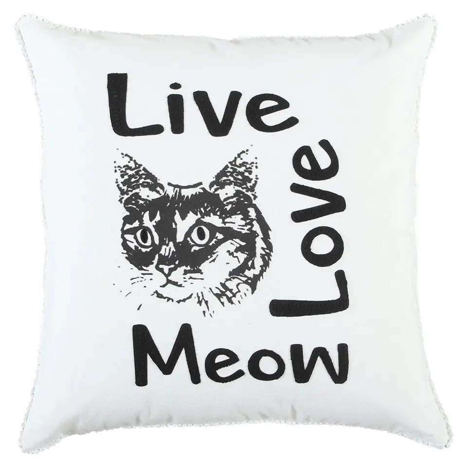 360-Degree Stand Square Cotton Throw Pillow, Black & White "Live Love Meow" Embroidered Letters, Woven Welting, Standard Creative Decorative Cushion