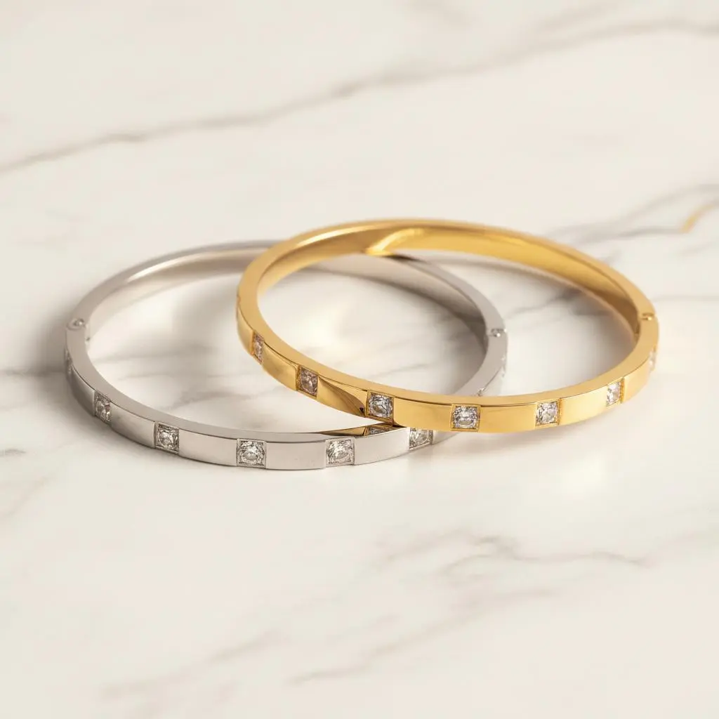 Luxe Beam Elegant Bangle Bracelet - Fashionable Bangles, 4.3mm Wide, Evenly Spaced, Hypoallergenic, Stack-Compatible, Wrist Stack Design, Gold Aesthetic, Bling Effect Costume Jewelry