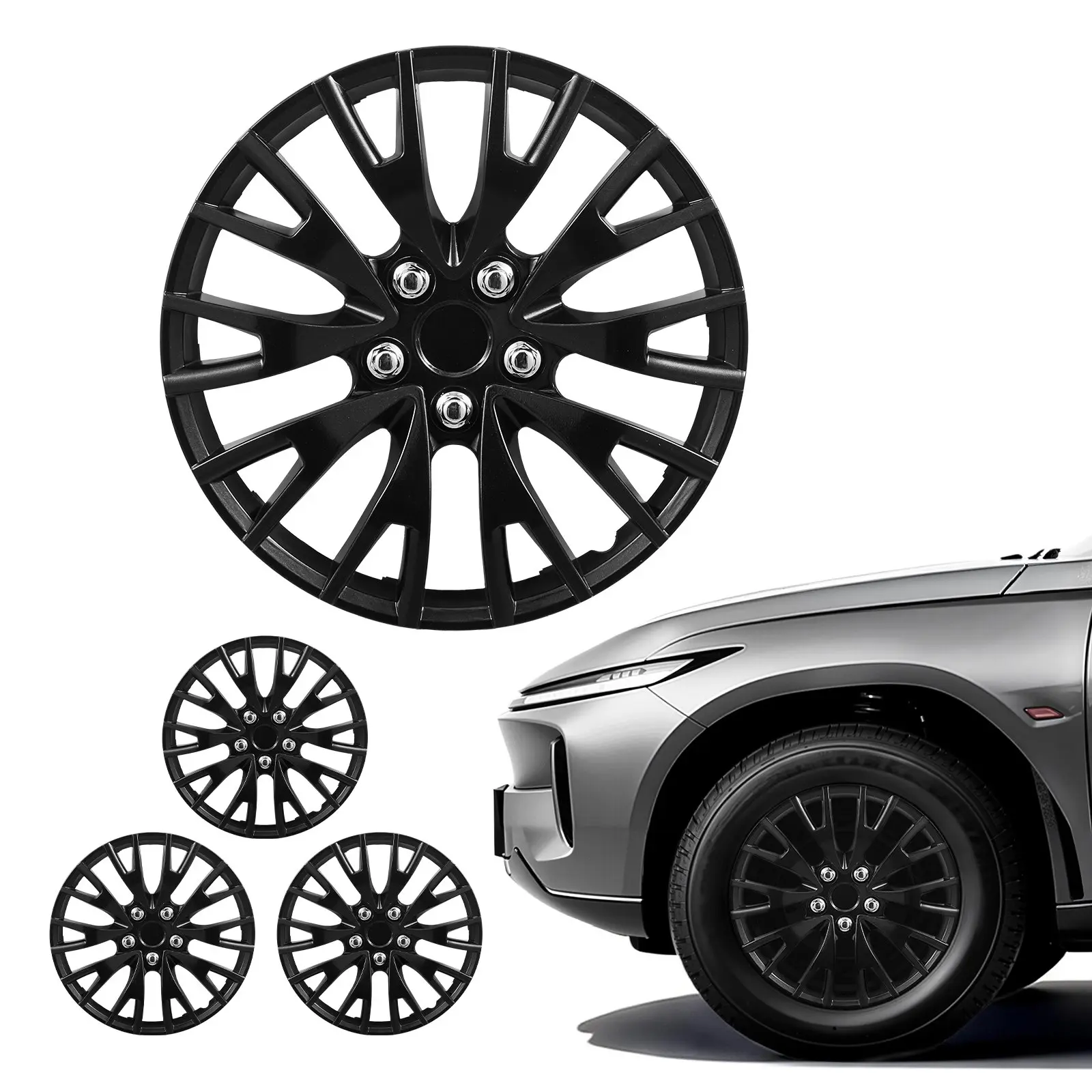 VEVOR Hubcaps Wheel Covers, 16 Inch Set of 4 Wheel Rim Cover Hubcaps OEM Replacement, R16 Size Snap On Car Hub Caps, Universal 20-Spoke ABS Tire Rim Caps for Hyundai Chevrolet Ford Honda, Gloss Black