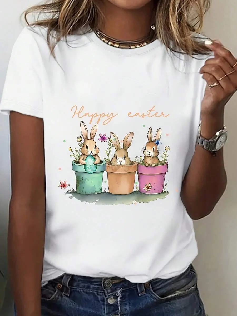 Easter Bunny Floral Graphic T-Shirt - Happy Easter Tee With Pastel Floral Pots - White Casual Everyday & Easter Party Top - Breathable All-Season Shirt For Women & Men , Festive Apparel, Playful Design, Easy Care, Holiday Apparel, Holiday Shoppers