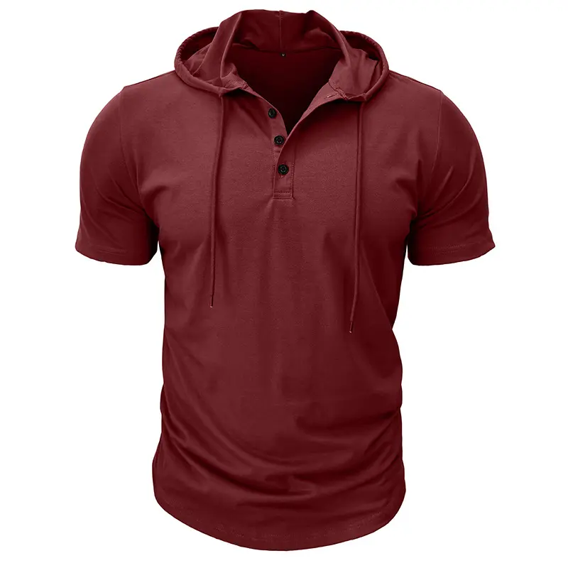 Mens Short-sleeved T-shirt Hoodie Henley Sweatshirt Top For Sports Fitness Soft Stretchy Breathable Slim Fit Daily Casual Pullover Hooded Tee Three Button Placket Drawstring Hood Lightweight Workout Training Basic Henley Top
