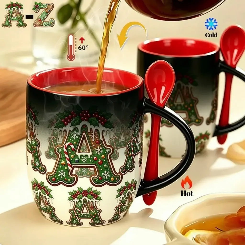 1pc A-Z Christmas Alphabet Heat-Reactive Color-Changing Ceramic Mug with Red Spoon, Personalized Initial Magic Cup, Reveals Festive Holiday Design When Hot Water is Added, Unique Perfect Christmas Gift for Family & Friends, 11oz 330ml Festive Drinkwa