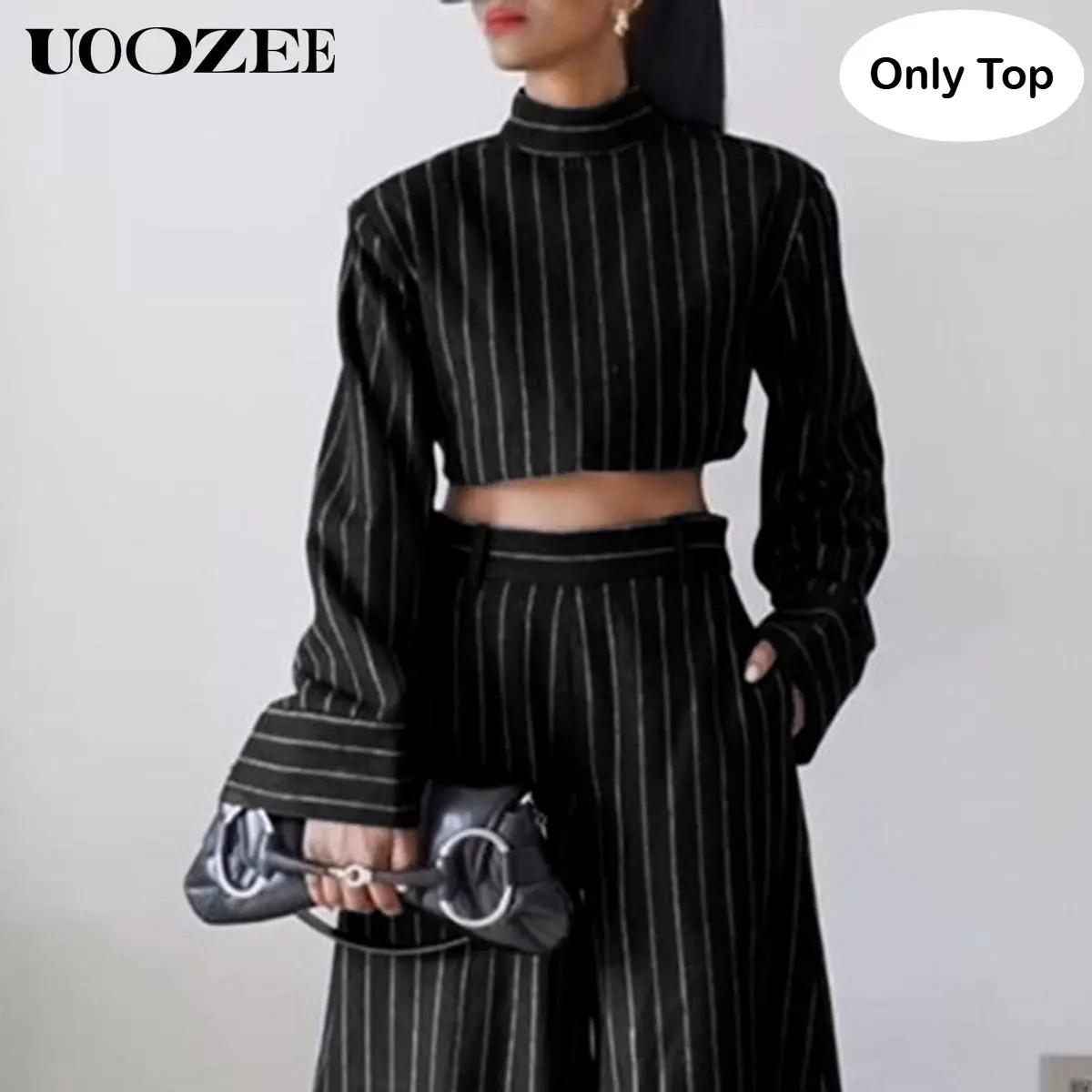 UOOZEE Women's 2025 New Autumn Polyester Striped High Neck Long-Sleeve Slim Blouse - Stylish Black Top, Clothes, Shirts, Back Zipper, Casual Office Going Out Wear, Fitted, Check Size Guide or Order Larger, Style, Top- Black, Striped Top, Thanksgiving, Mat
