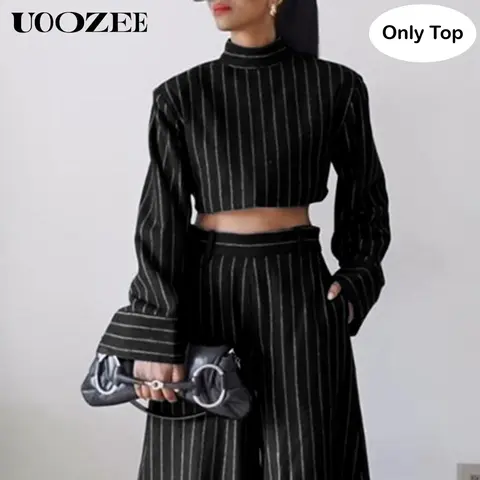 UOOZEE Women's 2025 New Autumn Cozy 30% Cotton-Polyester Striped High Neck Longsleeve Slim Blouse - Black, Back Zipper, Fitted Office Style Top, 30% Artificial Cotton Mix Shirts
