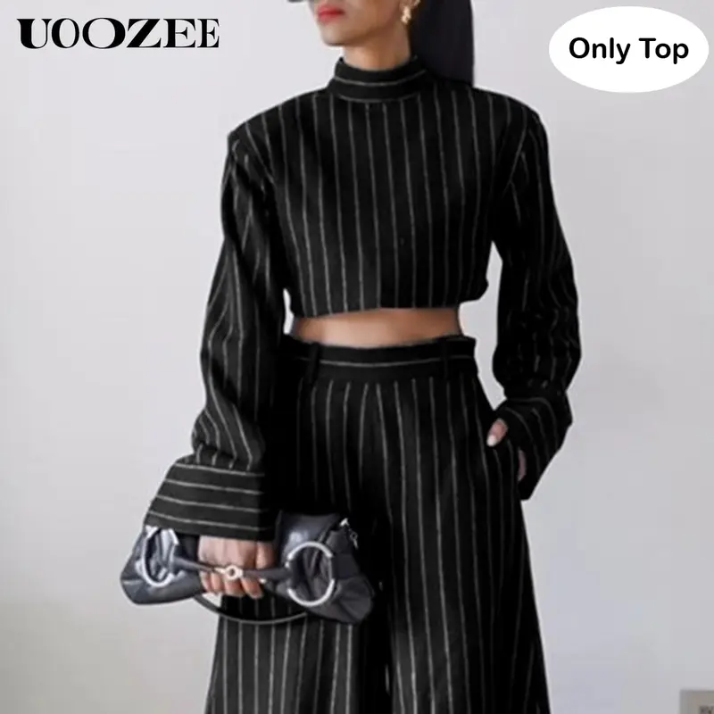 UOOZEE Women's 2025 New Autumn Cozy 30% Cotton-Polyester Striped High Neck Longsleeve Slim Blouse - Black, Back Zipper, Fitted Office Style Top, 30% Artificial Cotton Mix Shirts