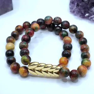 Fall Autumnal Jade Stacked Crystal Bracelet with Double Golden Leaves Connector