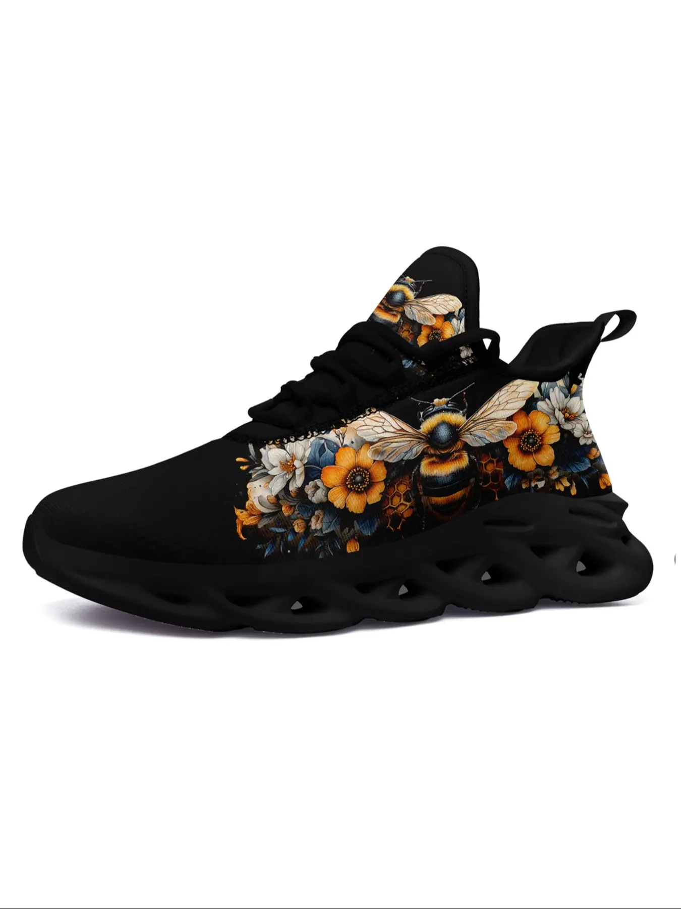 Women's Lace-Up Sneakers, Casual Athletic Sneakers, Sports Shoes, Sporty Low Top, Bee and Floral Pattern Design, Stylish and Comfortable Footwear for Streetwear and Casual Outfits