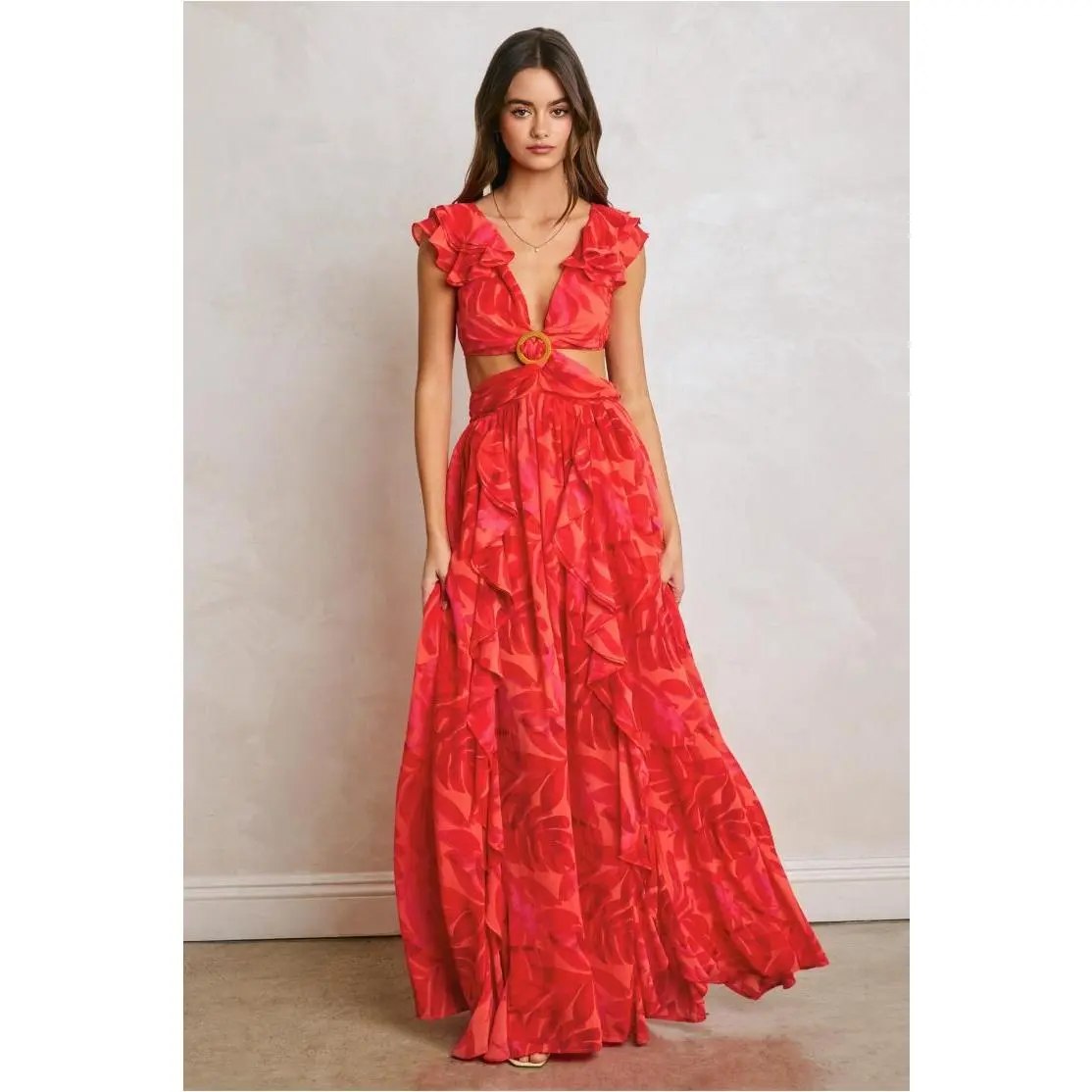 Francesca Frilly Ruffles Cut-Out Maxi Dress - Red