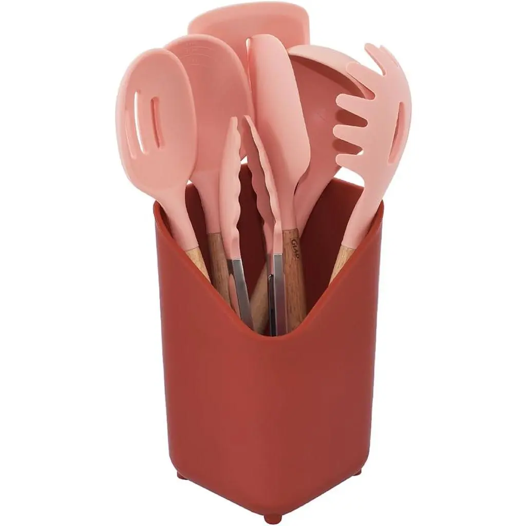 Silicone Kitchen Utensils Set, 8pcs - Nonstick Cooking Tools with Wooden Handles and Utensil Holder - Spatula Set with Turner, Ladle, Spoons, Tongs, and Spaghetti Server - Rust