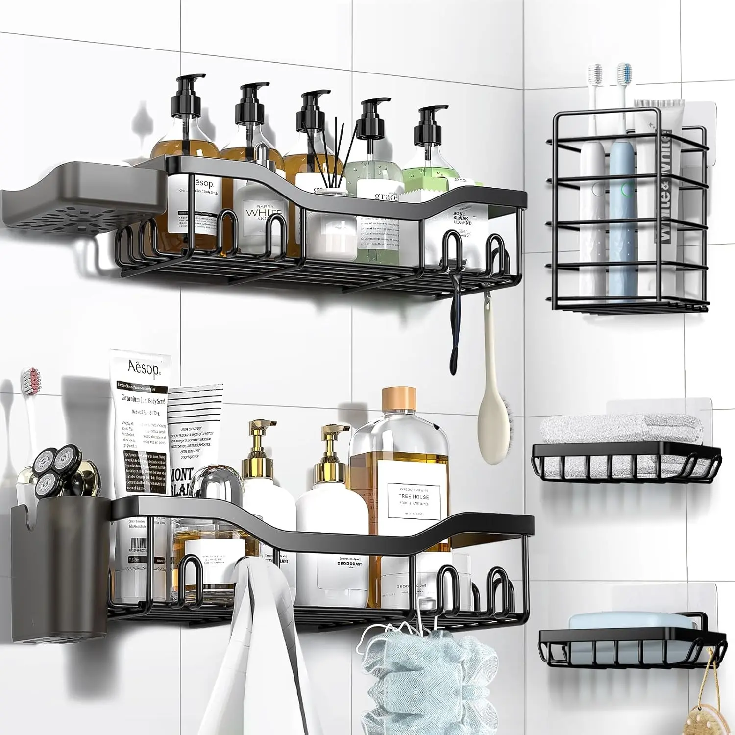 Shower  Adhesive Shower Organizer 7-Pack, Rustproof Stainless Steel Bathroom Shelves, Large Capacity No-Drill Rack Storage Accessories with Soap Dish  Holder &24 Hooks  Decor