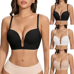 Women's Low Back Bra Deep Deep V Neck U Plunge Backless Bras with Convertible Clear Straps Multi-Way Use Wire Lifting Bralette for Wedding Party Daily Wear Womenswear Elegant Fit Bridal Everyday Bras T-Shirt Prom