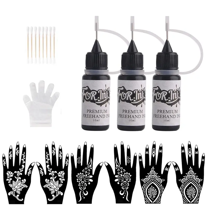 Temporary Tattoo Ink & Stencil Kit, Temporary Tattoo Kits, Including 3pcs Ink & 3 Pairs Stencil, Semi Permanent Tattoo Markers, DIY Cosmetic Tattoo Kit for Women & Men, Tattoo Supplies