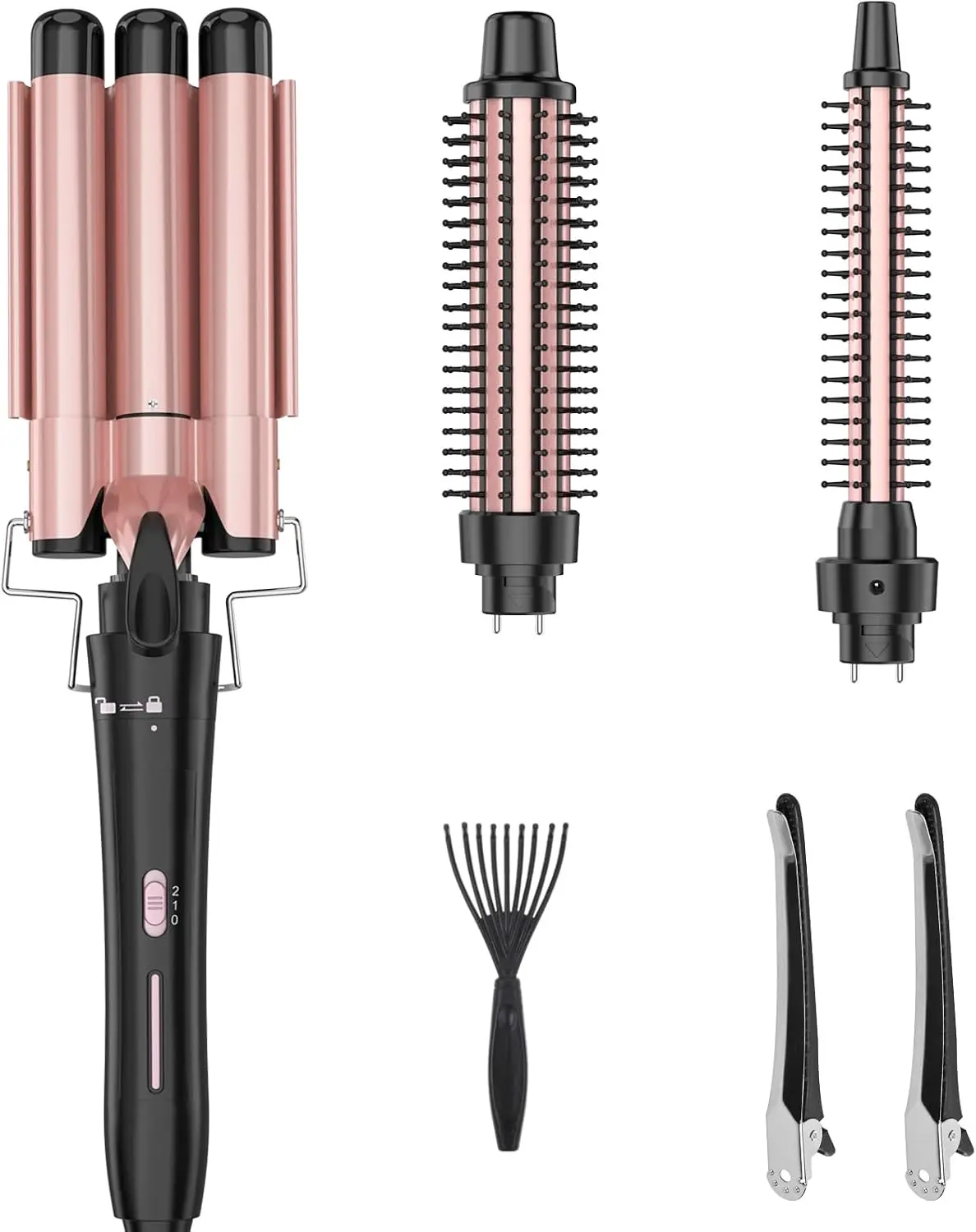 Curling Iron 3 in 1 Barrel Curling Brush Set Crimper and Waver, Heated Curler Hair Styler Tool for Thermal Brush (Rose Gold, Curling Wand(0.5-1 Inch))