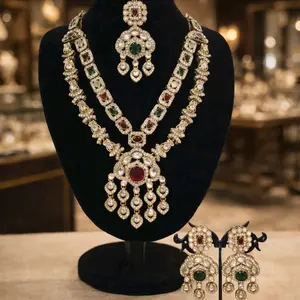 Double Layered Mossainite AD 3 PCs Necklace Set with Intricate Design and Rich Colors for Elegant Looks