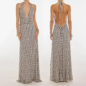 Women Chic Long Dress, Sleeveless Halter Dress Backless Flower/dots Print Summer Cocktail Dress Outdoorfun Formal Light