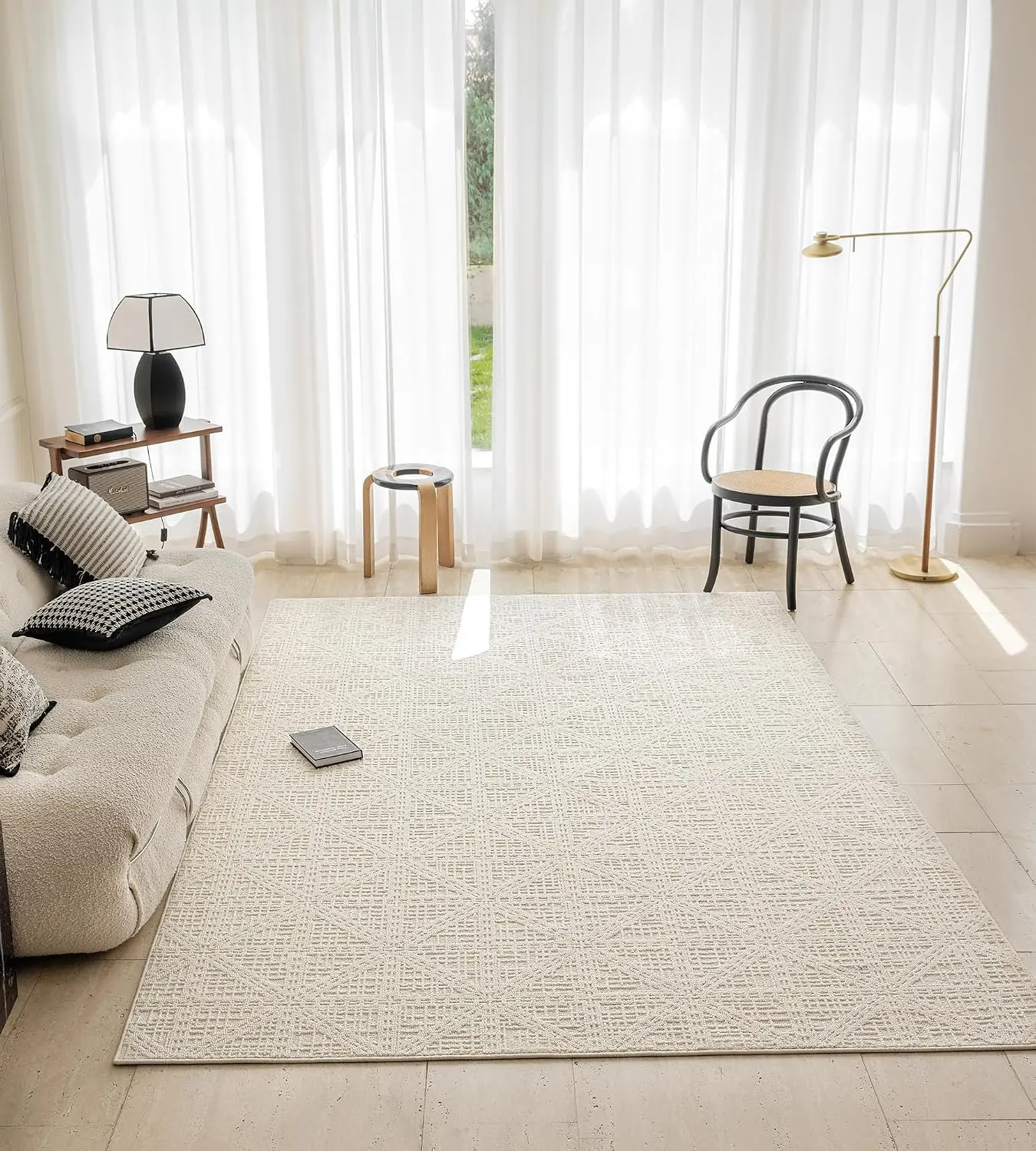 Non-Slip Polypropylene Area Rug, 4'7" x 6'7" Soft Cream Waffle Grid Carpet for Multi-Room Use