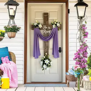 2D door flag, Christmas and Easter celebration with cross and Lily Flowers, suitable for all seasons home indoor outdoor decoration, polyester fiber party flag, holiday hanging decoration, Ornaments