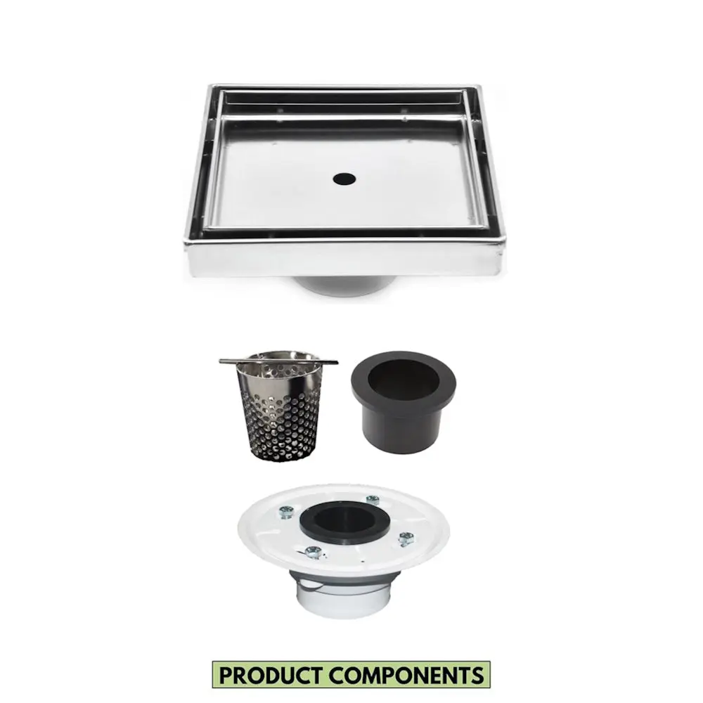 SereneDrains 5 Inch Brushed Stainless Steel Square Tile in Drain with Hair Trap & Base Flange Kit for Easy Installation