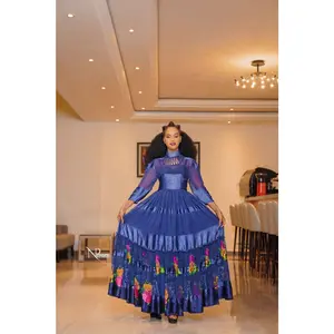 Arif Fashion Shifon Dress - Blue Floral Embroidered Chiffon Formal Wear for Women Fits All Seasons Handmade in Ethiopia